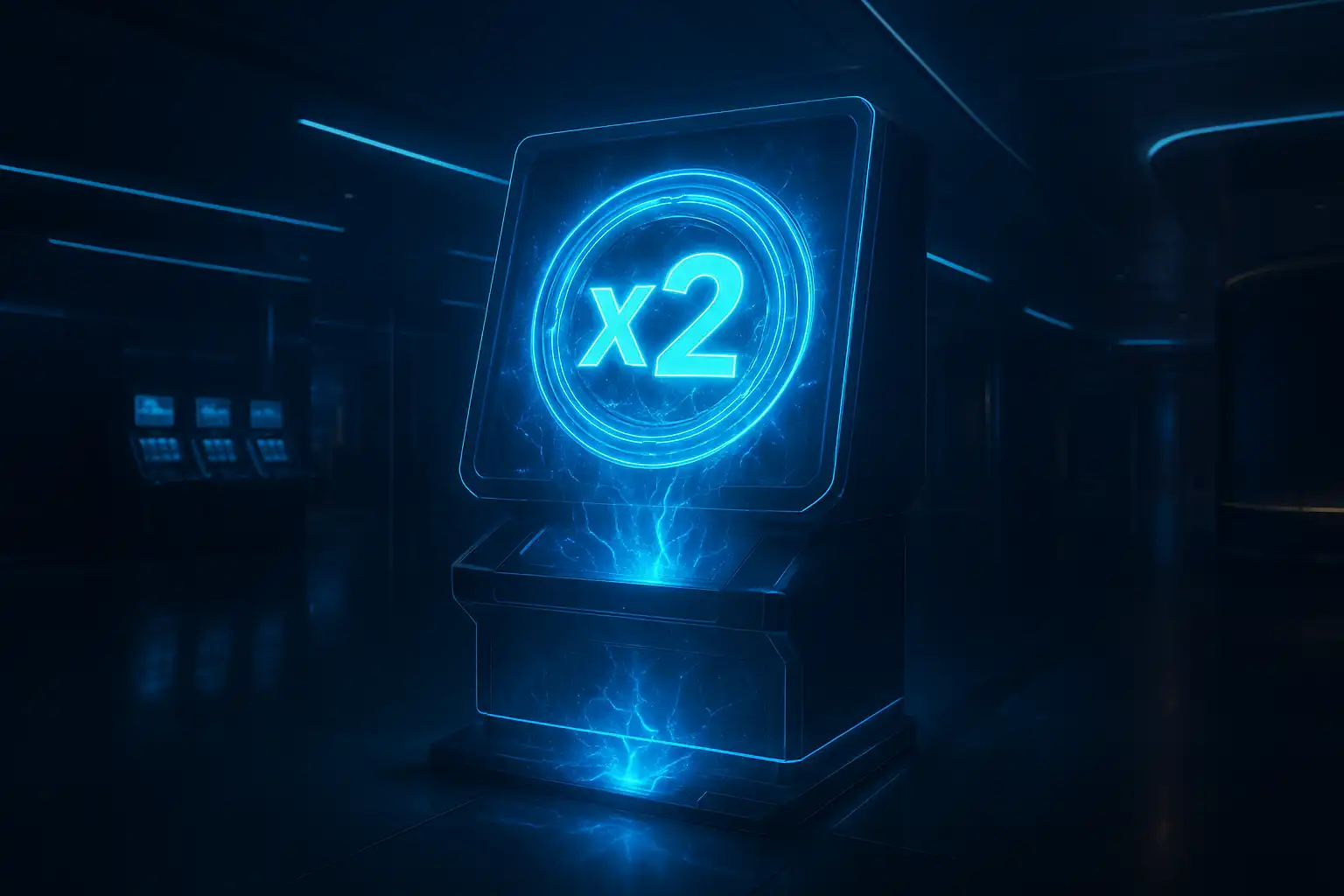 Holographic bonus terminal glowing blue inside the Atefia quantum casino lobby