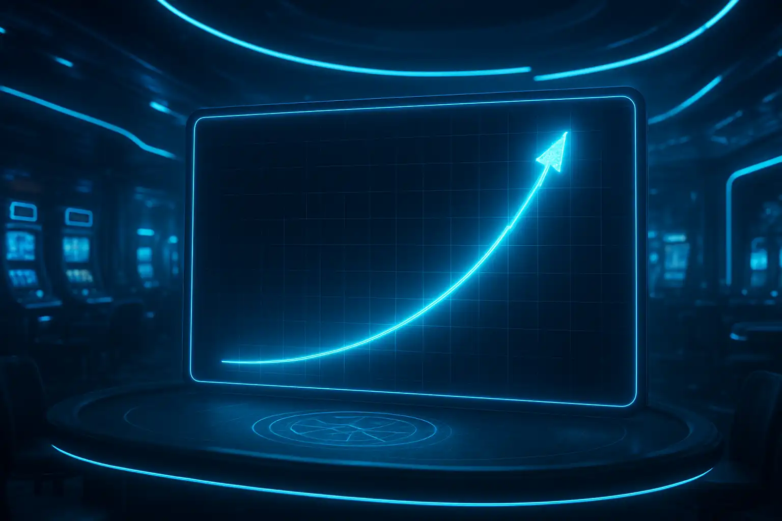 Glowing quantum multiplier curve rising on a dark holographic crash game screen