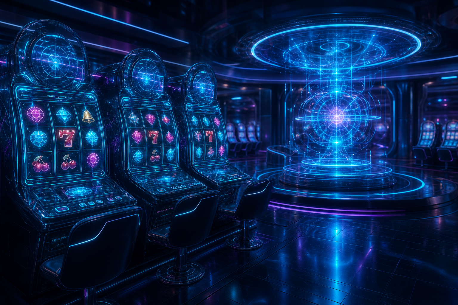 Futuristic quantum casino floor with holographic slot machines and blue energy lighting