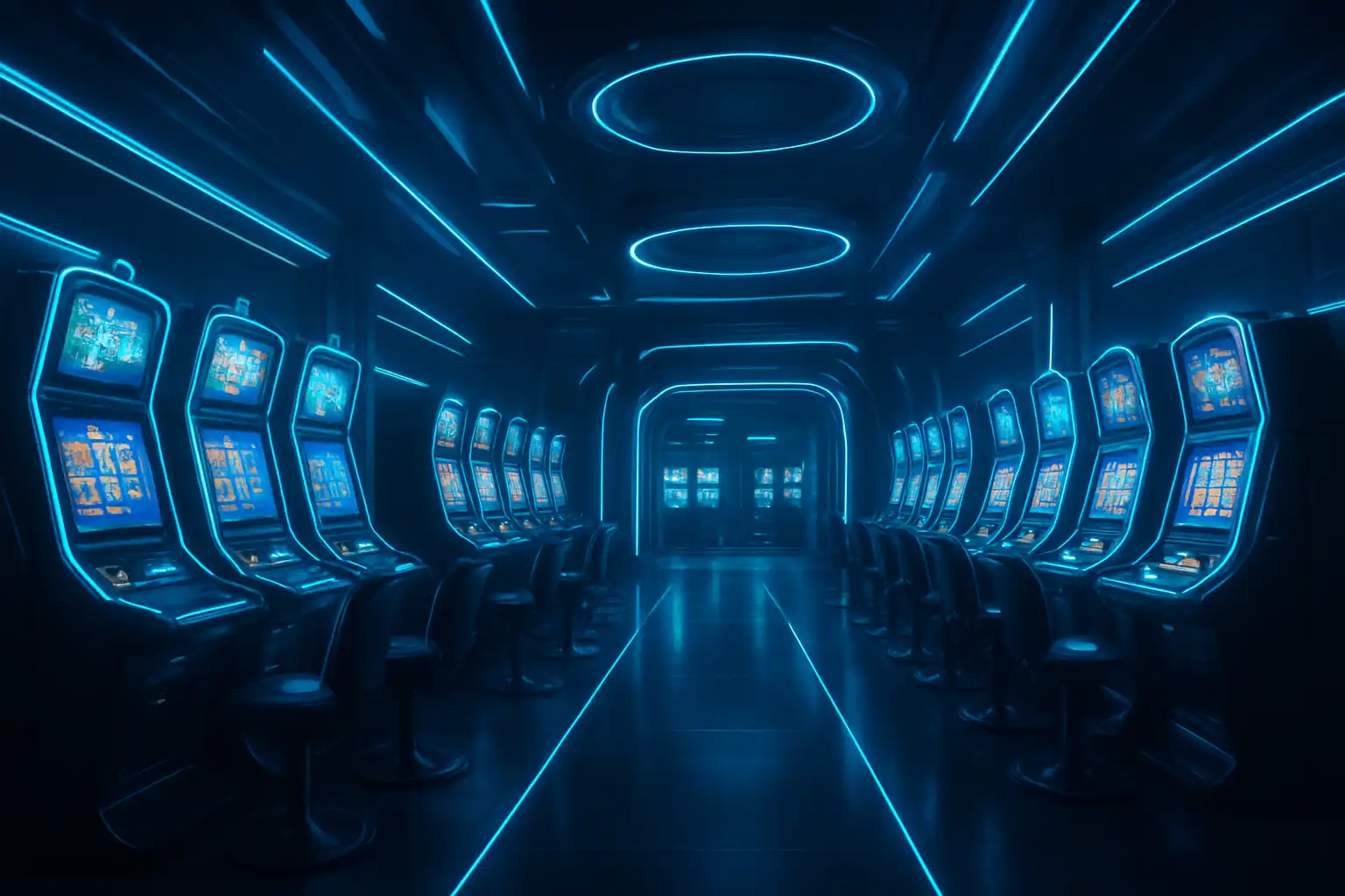Wide shot of the Atefia quantum casino hall with glowing slot cabinets and blue lighting