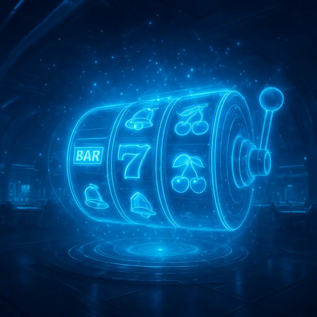 Slot reels spinning inside a futuristic quantum casino hall